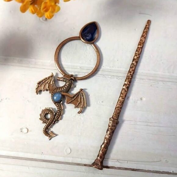 Vintage Viking Dragon Hair accessory with blue stone accent bronze tone - Picture 2 of 4